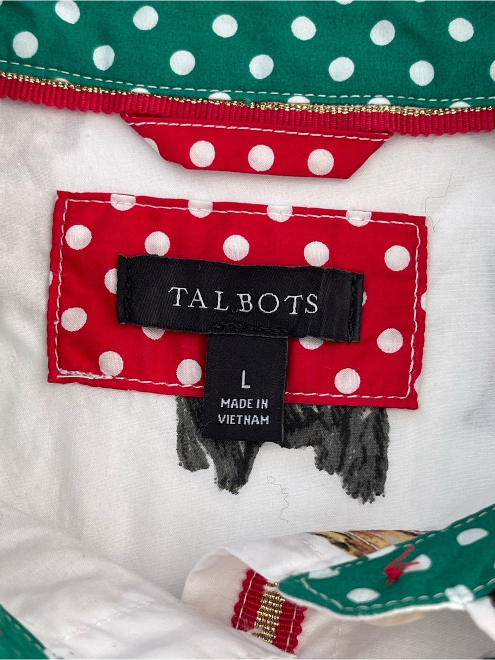 Talbots White Cotton Festive Button-Front Shirt "Dogs of Christmas" Print, Large - Picture 6 of 13